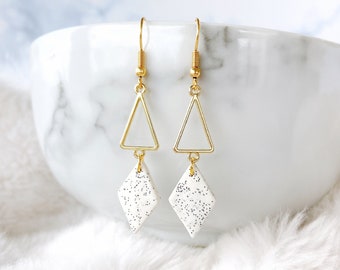 Golden White Rhombus with Polymer Dangle Earrings - Handmade Rhombus Polymer Clay Surgical Steel Drop Earrings