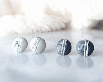 Handmade Polymer Clay Round Marble Button Earrings/ Clay Glitter Strips Round Stud Earrings/ Round Stud Surgical Steel Earrings/ Marble