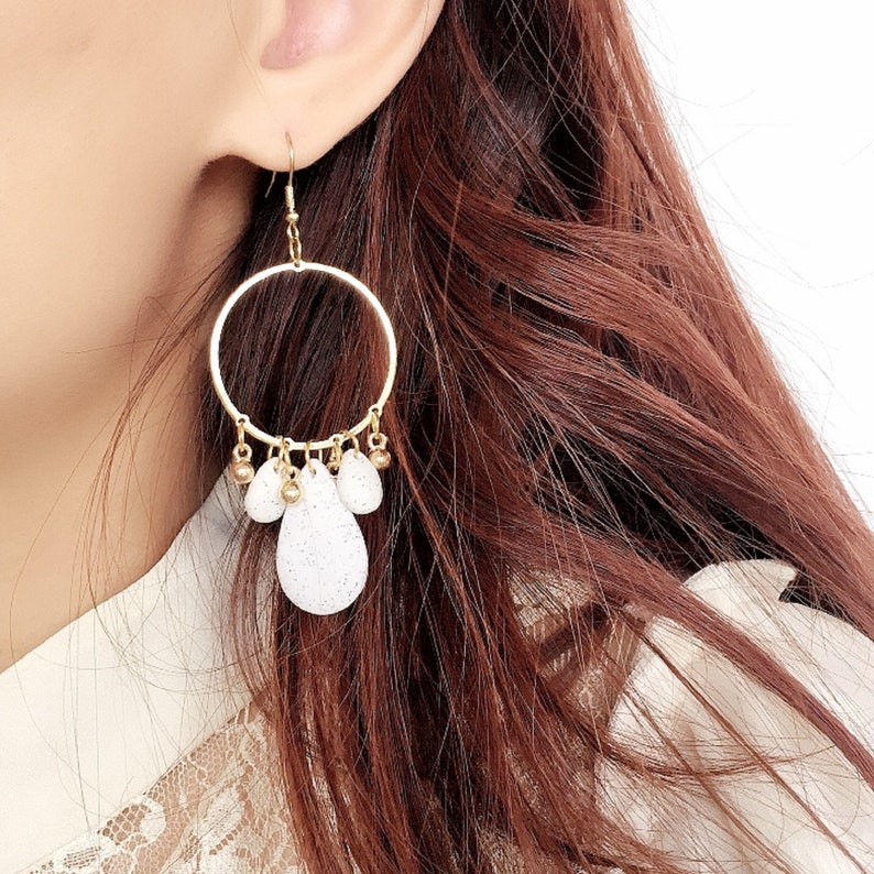 Handmade Polymer Clay Stone Golden Earrings Hypoallergenic Surgical Steel Dangle Earrings Boho Earrings