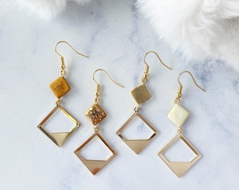 Golden Square frame with Polymer Clay Beads Dangle Earrings - Handmade Square Polymer Clay Beads Surgical Steel Drop Earrings