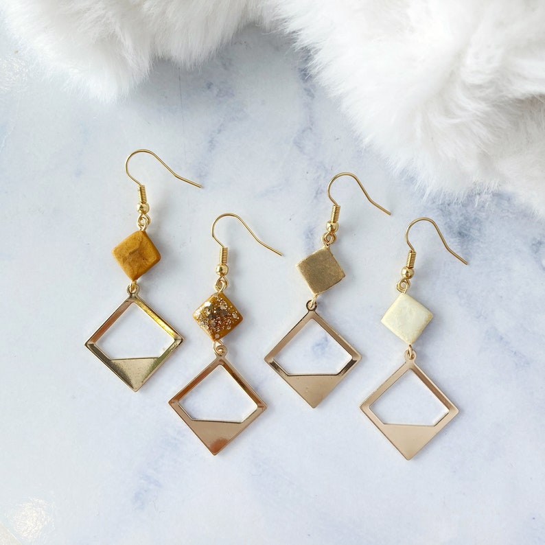 Golden Square frame with Polymer Clay Beads Dangle Earrings Handmade Square Polymer Clay Beads Surgical Steel Drop Earrings image 1