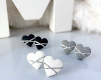 Black and White Heart Shape Stud Earrings, Handmade Polymer Clay Heart Earrings, Hypoallergenic Surgical Steel Stud