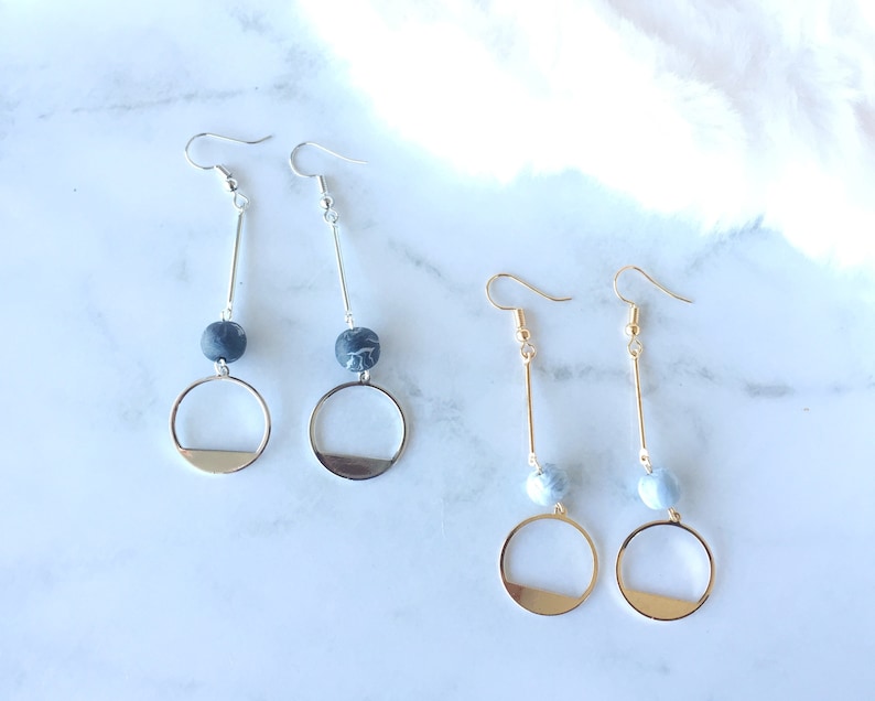 Handmade Circle Polymer Clay Surgial Steel Drop Earrings Hoop with Dangle Beads Earrings
