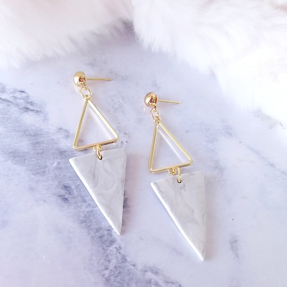 Blue and Gold Triangular Dangle Clay Earrings