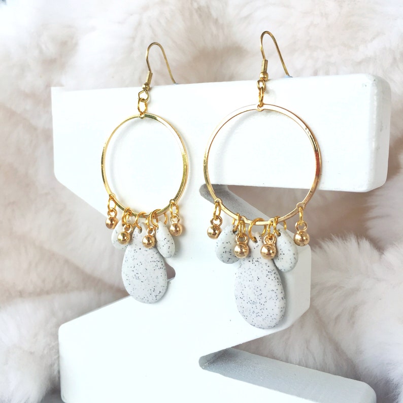 Handmade Polymer Clay Stone Golden Earrings Hypoallergenic Surgical Steel Dangle Earrings Boho Earrings