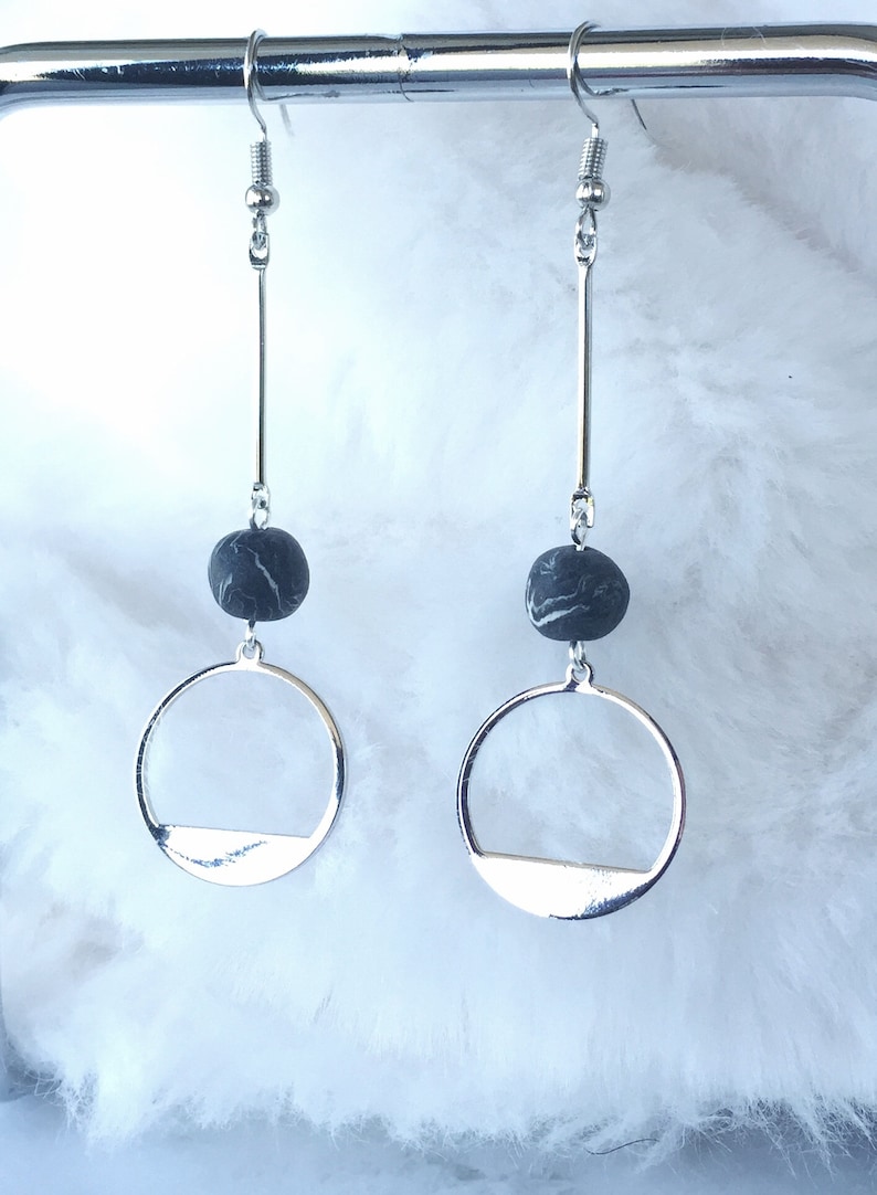 Handmade Circle Polymer Clay Surgial Steel Drop Earrings Hoop with Dangle Beads Earrings