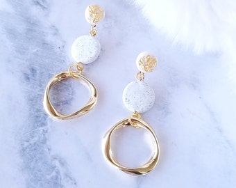 Golden Hoop Earrings - Handmade Polymer Clay with Gold Flakes Twist Hoops Dangle Earrings