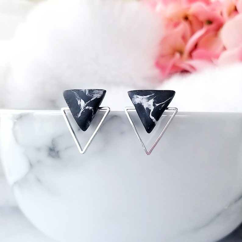 Handmade Polymer Clay Marble Triangle Earrings Minimalist Geometric Earrings Hypoallergenic Surgical Steel Stud image 10