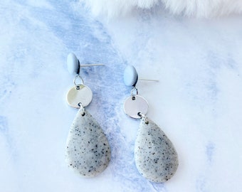 Silver Handmade Teardrop Clay Stone Dangle Earrings - Polymer Clay Geometric Drop Hypoallergenic Surgical Steel Earrings