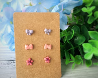 Set of 3 Studs Earrings/ Handmade Polymer Clay Earrings Set/ Ribbon Studs/ Butterfly Studs/ Flower Studs/ Earrings Gift Set/ Surgical Steel