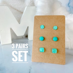 Turquoise Stud Earring Set: Handmade Polymer Clay Resin, Surgical Steel (3 Pairs)