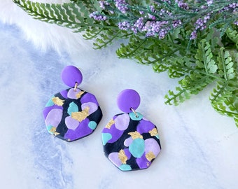 Purple Polymer Clay Statement Earrings - Handmade Polymer Clay Hexagon Paint Dangle Earrings