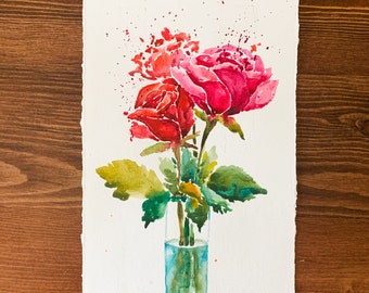 Original watercolor painting, roses in a vase, valentine roses art