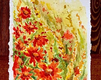Original watercolor painting, red Texas wildflowers