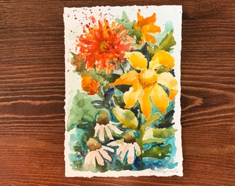 Origineel aquarel schilderij, stemmige zonnebloemen