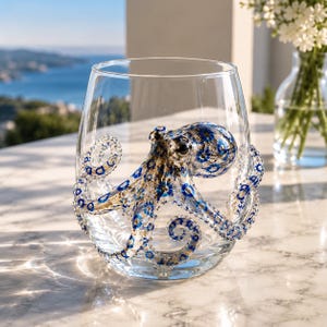 Bicchiere in vetro con animali marini, bicchiere senza stelo con decorazioni 3D di vita marina, delfino, polpo, balena, tartaruga, squalo, medusa, granchio, regalo a tema costiero