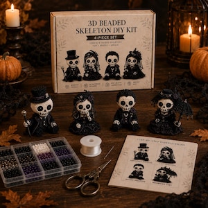 May include: A 3D beaded skeleton DIY kit in a cardboard box with four finished skeleton figures, a plastic organizer filled with black, white, and purple beads, a spool of white thread, a metal needle, metal scissors, and an instruction booklet.