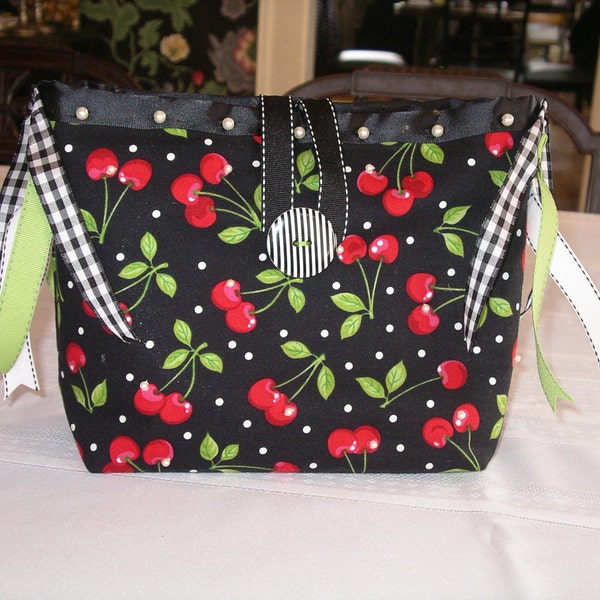 Handmade vanity bag - black and red cherries with black trim