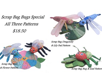 Scrap Bag Bug PDF PATTERNS Special!  All 3 (Dragonfly, Bug & Bee) Stuffed Toy PDF Patterns