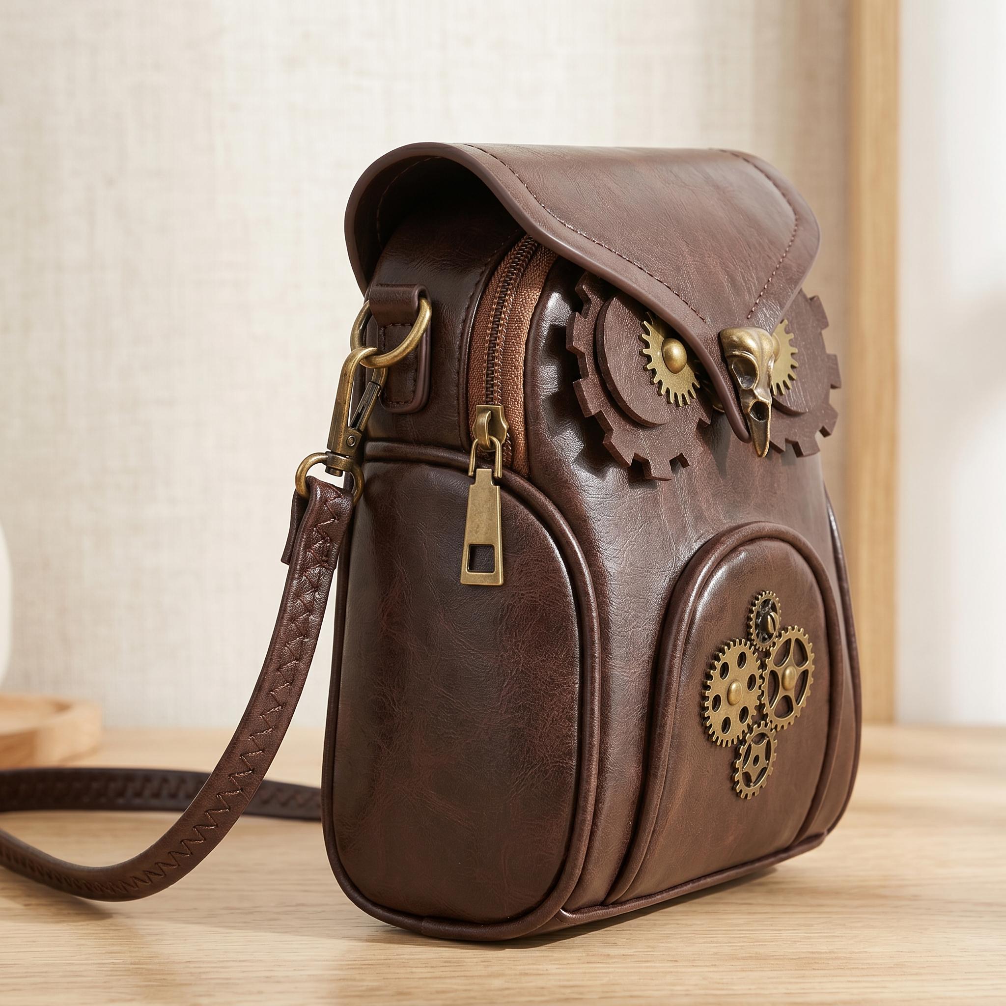 Handcrafted Steampunk Genuine Leather Owl Crossbody Bag Vintage Gothic Shoulder Purse