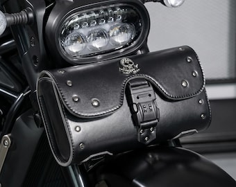 Handcrafted Premium Leather Barrel Bag Vintage Motorcycle Tool Bag Punk Skull Studded Handlebar Saddlebag Black