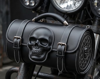 Handcrafted Premium Leather Barrel Bag Vintage Motorcycle Tool Bag Punk Skull Detachable Handlebar Saddlebag Black