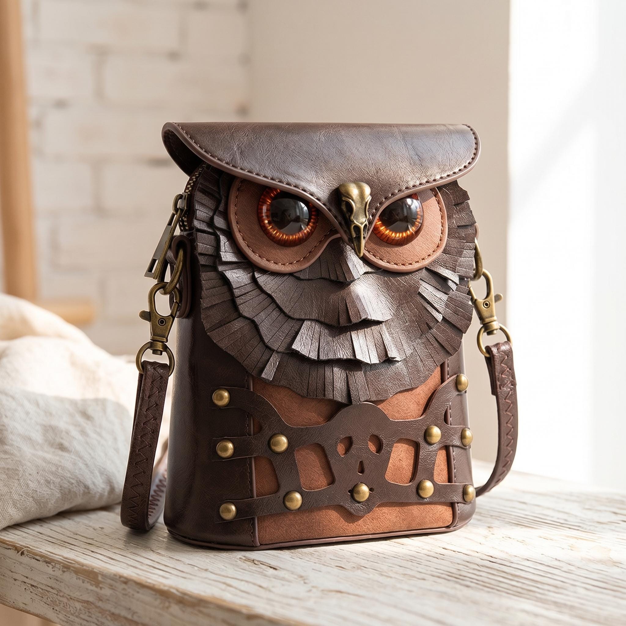 Handcrafted Genuine Leather Owl Crossbody Bag Vintage Steampunk Shoulder Purse
