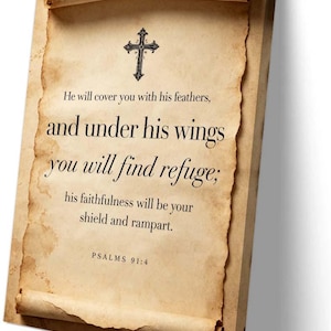 Stampa artistica da parete con versetto biblico del Salmo 91:4, "Egli ti proteggerà", poster con versetto biblico, decorazione per la fede cristiana, opera d'arte religiosa su tela, regalo di preghiera.