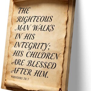 Proverbs 20 7 Wall Art, Bible Verse Print, Christian Scripture Canvas, Integrity Bible Quote Poster, Faith Home Decor, Religious Gift.