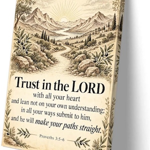 Könnte beinhalten: Ein rechteckiges Wandbild auf Leinwand mit einer sepiafarbenen Landschaftsillustration von Bergen, einem gewundenen Pfad und Olivenzweigen. Der Text lautet: Trust in the LORD with all your heart and lean not on your own understanding; in all your ways submit to him, and he will make your paths straight. Proverbs 3:5-6.