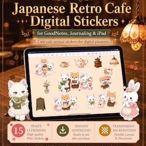 以下が含まれることがあります： Japanese Retro Cafe Digital Stickers for GoodNotes, Journaling & iPadというタイトルのデジタルステッカーセット。猫、ウサギ、犬がカフェにいる15種類のPNGデザインが含まれており、ティーポット、パフェ、コーヒーミルなどが描かれています。