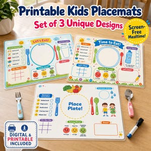 May include: A set of three rectangular printable kids placemats featuring colorful illustrations, activity sections like Tic-Tac-Toe, a manners checklist, a tummy meter, and hydration station graphics with text including Let's Eat and Time to Eat.