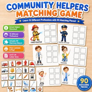 May include: A Community Helpers Matching Game featuring 90 pieces and 15 professions. The set includes cards with illustrations of a firefighter, police officer, doctor, teacher, chef, and dentist, each with blank squares for matching game play.