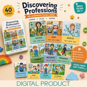 Puede incluir: Un juego de 40 tarjetas educativas "Descubriendo Profesiones" para niños de 3 años o más. Las tarjetas presentan ilustraciones de diversas profesiones como autor, chef, dentista, granjero, mecánico, paramédico, oficial de policía, panadero, fontanero y cuidador de zoológico. Buscan ampliar el vocabulario.