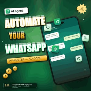 Può includere: Grafica che promuove l'automazione di WhatsApp. L'immagine presenta uno smartphone che mostra un'interfaccia di chat. Il testo in grassetto recita "AUTOMATE YOUR WHATSAPP IN MINUTES - NO CODE." Include anche un logo, simboli di valuta e un'etichetta del prezzo.