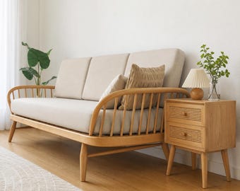 Modern Teak Wood Sofa | Scandinavian Wooden Couch | Japandi Living Room Sofa | Solid Wood Lounge Sofa | Handmade Furniture