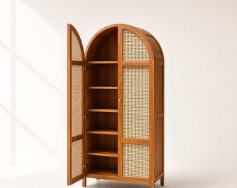 Arched Rattan Teak Wood Cabinet | Handmade Boho Minimalist Storage Wardrobe