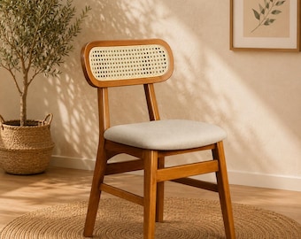 Solid Teak Rattan Dining Chair | Mid Century Cane Accent Seating