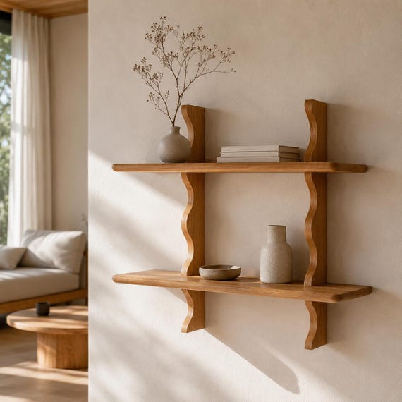 Handmade Solid Wood Wave Shelf, Scandinavian Japandi Decor, Floating Bookshelf Storage