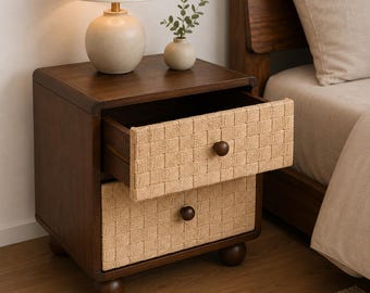 Modern Rattan Nightstand – Wooden Bedside Table with 2 Drawers