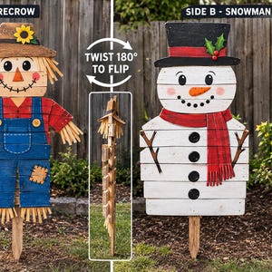 May include: A reversible wooden yard sign featuring a scarecrow on one side and a snowman on the other. The scarecrow wears a hat with a sunflower, while the snowman wears a black top hat with holly. The sign includes a ground stake and measures 24-1/2 inches wide by 48 inches high.