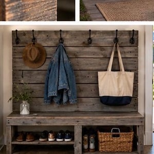 May include: A rustic entryway bench made of weathered gray wood planks featuring a back panel with six black metal hooks. The bench includes a lower shelf for shoe storage, a woven basket, a brown hat, a blue denim jacket, and a canvas tote bag.