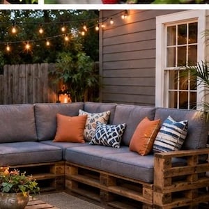 May include: An L-shaped outdoor sectional sofa constructed from wooden pallets with thick gray cushions. The sofa features several decorative throw pillows in solid orange, blue and white geometric patterns, and a blue and white striped design.