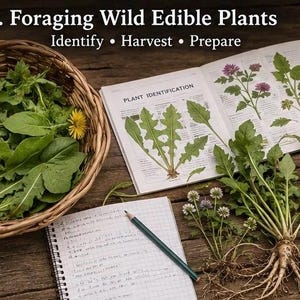 May include: A wicker basket filled with green dandelion leaves and yellow flowers, an open plant identification book, a spiral-bound notebook with a pencil, and a small wooden bowl of greens. The text reads: 1. Foraging Wild Edible Plants Identify • Harvest • Prepare.