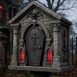 May include: A gray stone-textured mailbox shaped like a miniature mausoleum. It features a central coffin-shaped door with a cross and the word MAIL, topped by a skull and bat carving. Two arched windows with glowing red light flank the door.