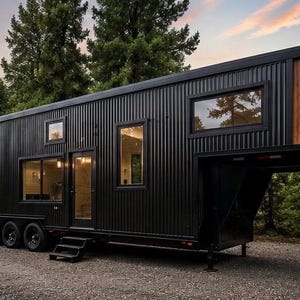 Könnte beinhalten: Ein Tiny House auf Rädern mit einer schwarzen Fassade aus Wellblech und Akzenten aus Naturholz. Das Gebäude verfügt über mehrere rechteckige Fenster, eine verglaste Eingangstür und eine kleine schwarze Treppe am Eingang.