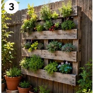 May include: A vertical garden planter constructed from a weathered wooden shipping pallet, featuring multiple horizontal slats that hold various green leafy plants, small succulents, and flowering herbs, mounted against a brown wooden fence.