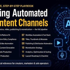 May include: A dark blue infographic titled Building Automated AI Content Channels, featuring a step-by-step list from 01 to 12. A glowing blue digital brain icon with circuit lines and symbols for video, document, and currency is on the right side.