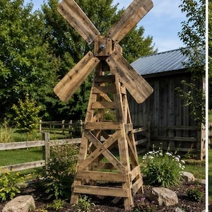 May include: A rustic wooden windmill garden ornament featuring a tall, four-legged lattice tower base and a rotating four-blade propeller assembly secured with a central metal bolt, constructed from weathered brown timber planks.