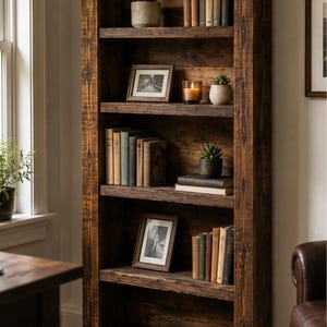 May include: A tall, dark brown wooden bookshelf with five horizontal shelves. The unit features a rustic, weathered texture and vertical side panels. It is filled with various books, small potted succulent plants, framed photographs, and a candle.